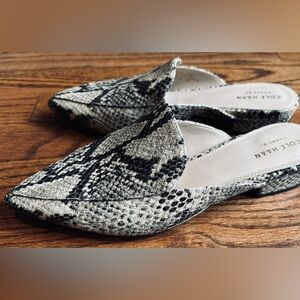 Cole Haan Pointed Toe Snake-Print Mules in Black and White